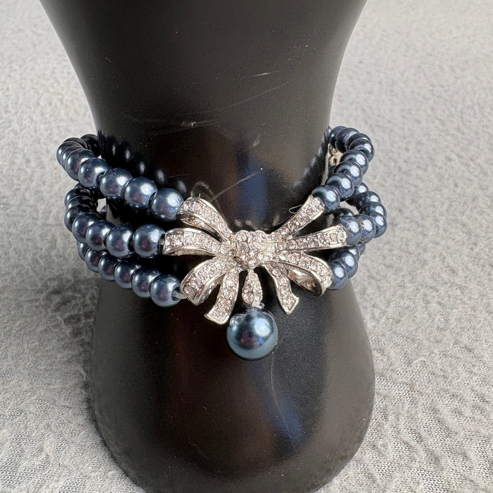 Midnight Blue Faux Pearl 3 Strand Stretch Bracelet Rhinestone Bow Accent Silver